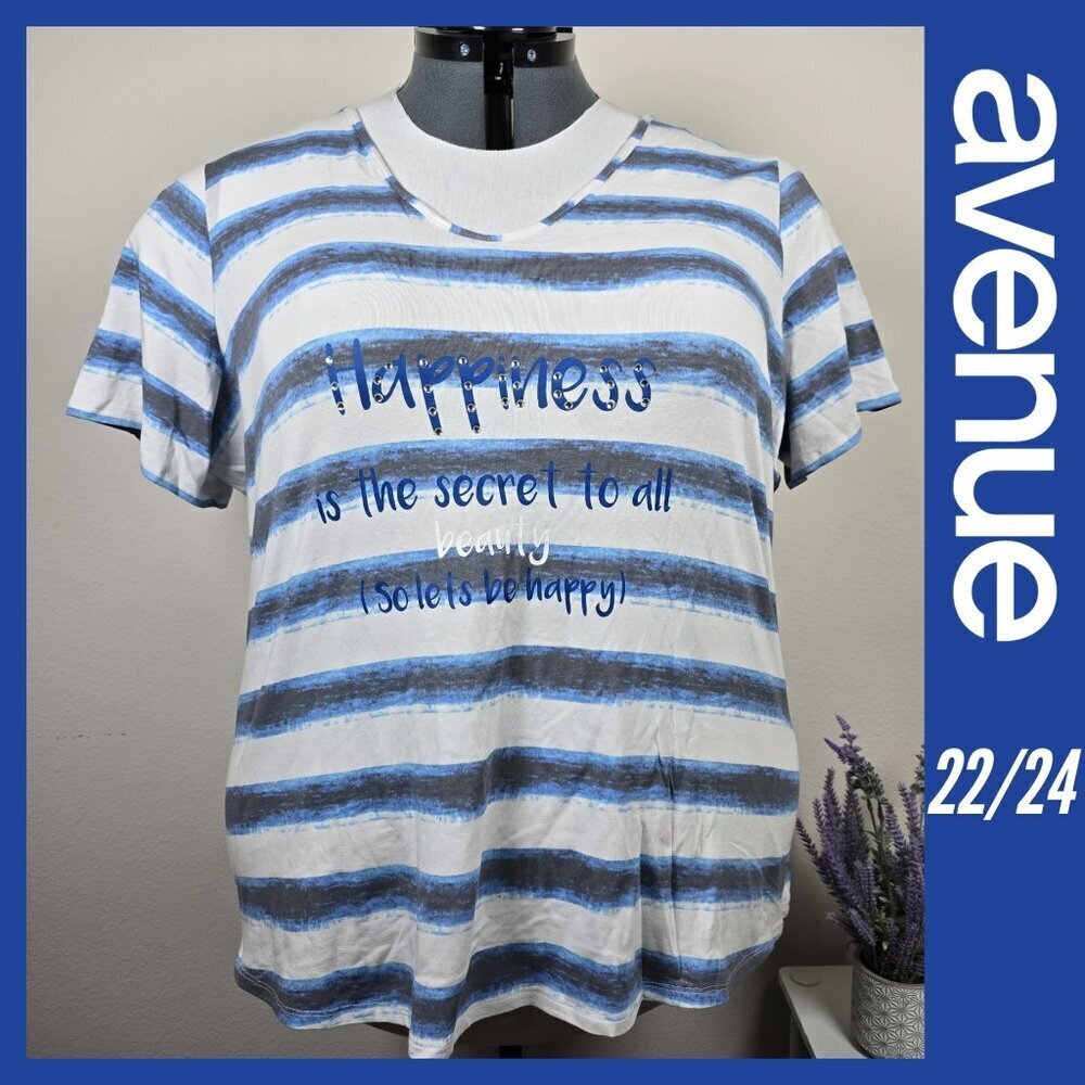 2/$15 Avenue Striped Blue & White Tee With Happiness Quote Size 22/24 (EUC)